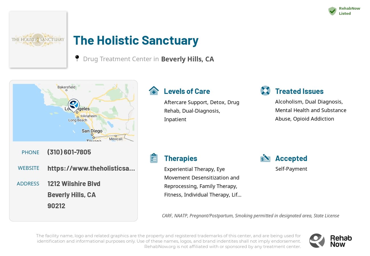Helpful reference information for The Holistic Sanctuary, a drug treatment center in California located at: 1212 Wilshire Blvd, Beverly Hills, CA, 90212, including phone numbers, official website, and more. Listed briefly is an overview of Levels of Care, Therapies Offered, Issues Treated, and accepted forms of Payment Methods.