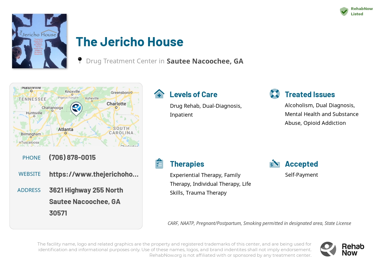 Helpful reference information for The Jericho House, a drug treatment center in Georgia located at: 3621 3621 Highway 255 North, Sautee Nacoochee, GA 30571, including phone numbers, official website, and more. Listed briefly is an overview of Levels of Care, Therapies Offered, Issues Treated, and accepted forms of Payment Methods.