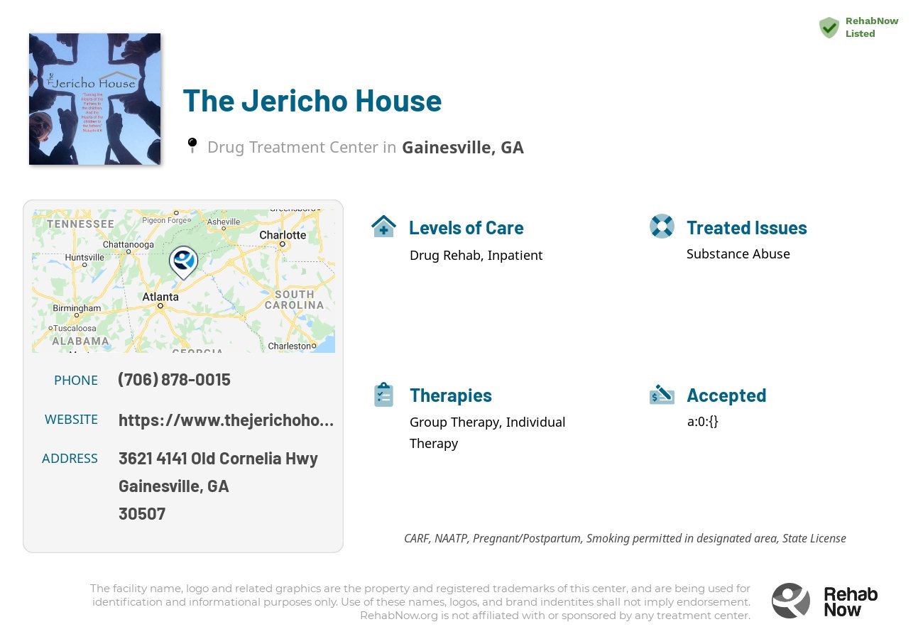 Helpful reference information for The Jericho House, a drug treatment center in Georgia located at: 3621 4141 Old Cornelia Hwy, Gainesville, GA 30507, including phone numbers, official website, and more. Listed briefly is an overview of Levels of Care, Therapies Offered, Issues Treated, and accepted forms of Payment Methods.