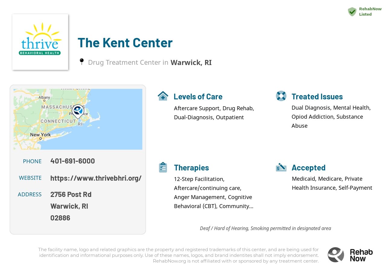 Helpful reference information for The Kent Center, a drug treatment center in Rhode Island located at: 2756 Post Rd, Warwick, RI 02886, including phone numbers, official website, and more. Listed briefly is an overview of Levels of Care, Therapies Offered, Issues Treated, and accepted forms of Payment Methods.