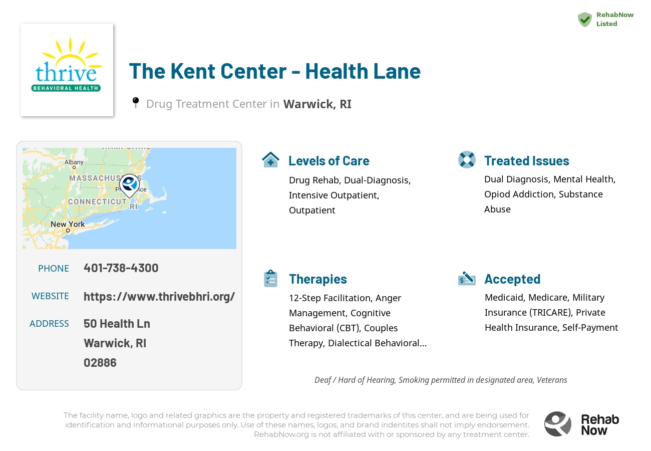 Helpful reference information for The Kent Center - Health Lane, a drug treatment center in Rhode Island located at: 50 Health Ln, Warwick, RI 02886, including phone numbers, official website, and more. Listed briefly is an overview of Levels of Care, Therapies Offered, Issues Treated, and accepted forms of Payment Methods.
