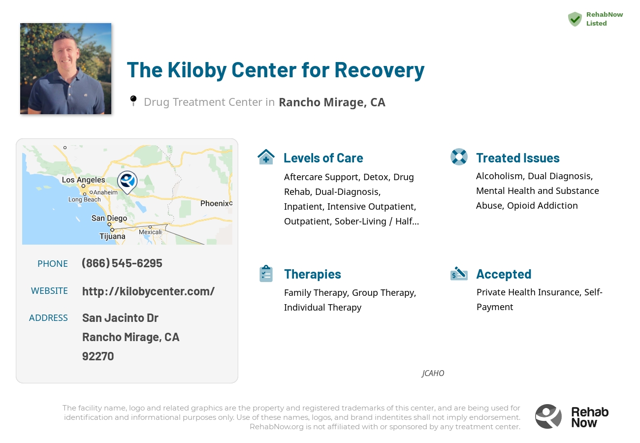 Helpful reference information for The Kiloby Center for Recovery, a drug treatment center in California located at: San Jacinto Dr, Rancho Mirage, CA 92270, including phone numbers, official website, and more. Listed briefly is an overview of Levels of Care, Therapies Offered, Issues Treated, and accepted forms of Payment Methods.