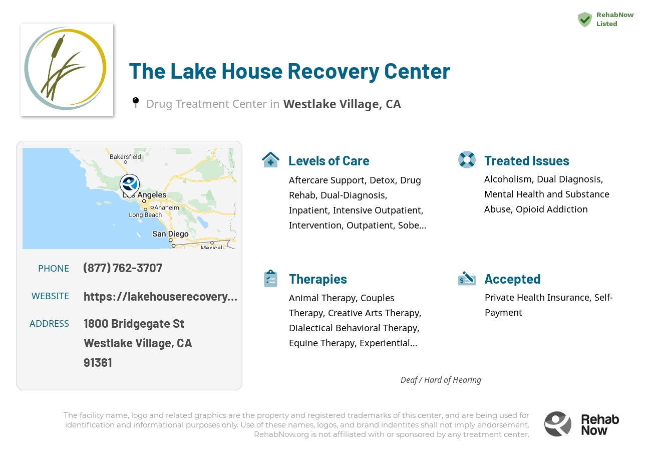 Helpful reference information for The Lake House Recovery Center, a drug treatment center in California located at: 1800 Bridgegate St, Westlake Village, CA, 91361, including phone numbers, official website, and more. Listed briefly is an overview of Levels of Care, Therapies Offered, Issues Treated, and accepted forms of Payment Methods.