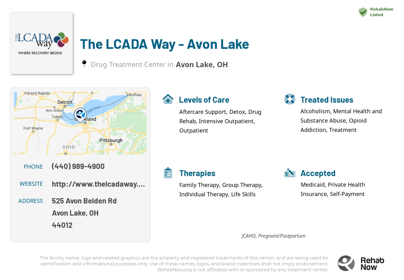 Helpful reference information for The LCADA Way - Avon Lake, a drug treatment center in Ohio located at: 525 Avon Belden Rd, Avon Lake, OH 44012, including phone numbers, official website, and more. Listed briefly is an overview of Levels of Care, Therapies Offered, Issues Treated, and accepted forms of Payment Methods.