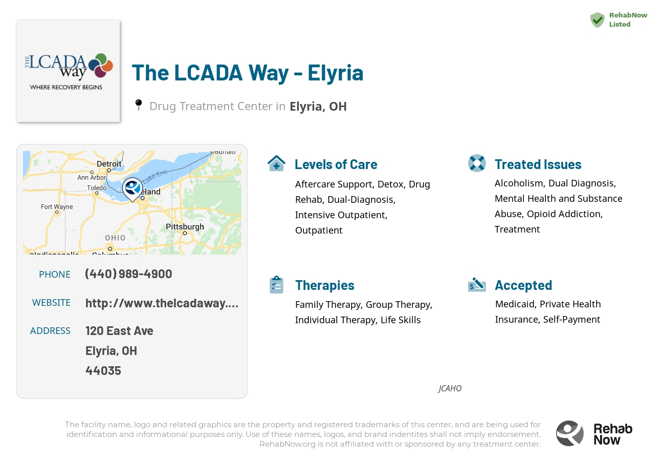 Helpful reference information for The LCADA Way - Elyria, a drug treatment center in Ohio located at: 120 East Ave, Elyria, OH 44035, including phone numbers, official website, and more. Listed briefly is an overview of Levels of Care, Therapies Offered, Issues Treated, and accepted forms of Payment Methods.