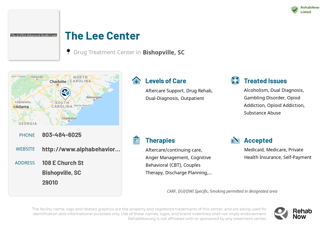 Helpful reference information for The Lee Center, a drug treatment center in South Carolina located at: 108 E Church St, Bishopville, SC 29010, including phone numbers, official website, and more. Listed briefly is an overview of Levels of Care, Therapies Offered, Issues Treated, and accepted forms of Payment Methods.