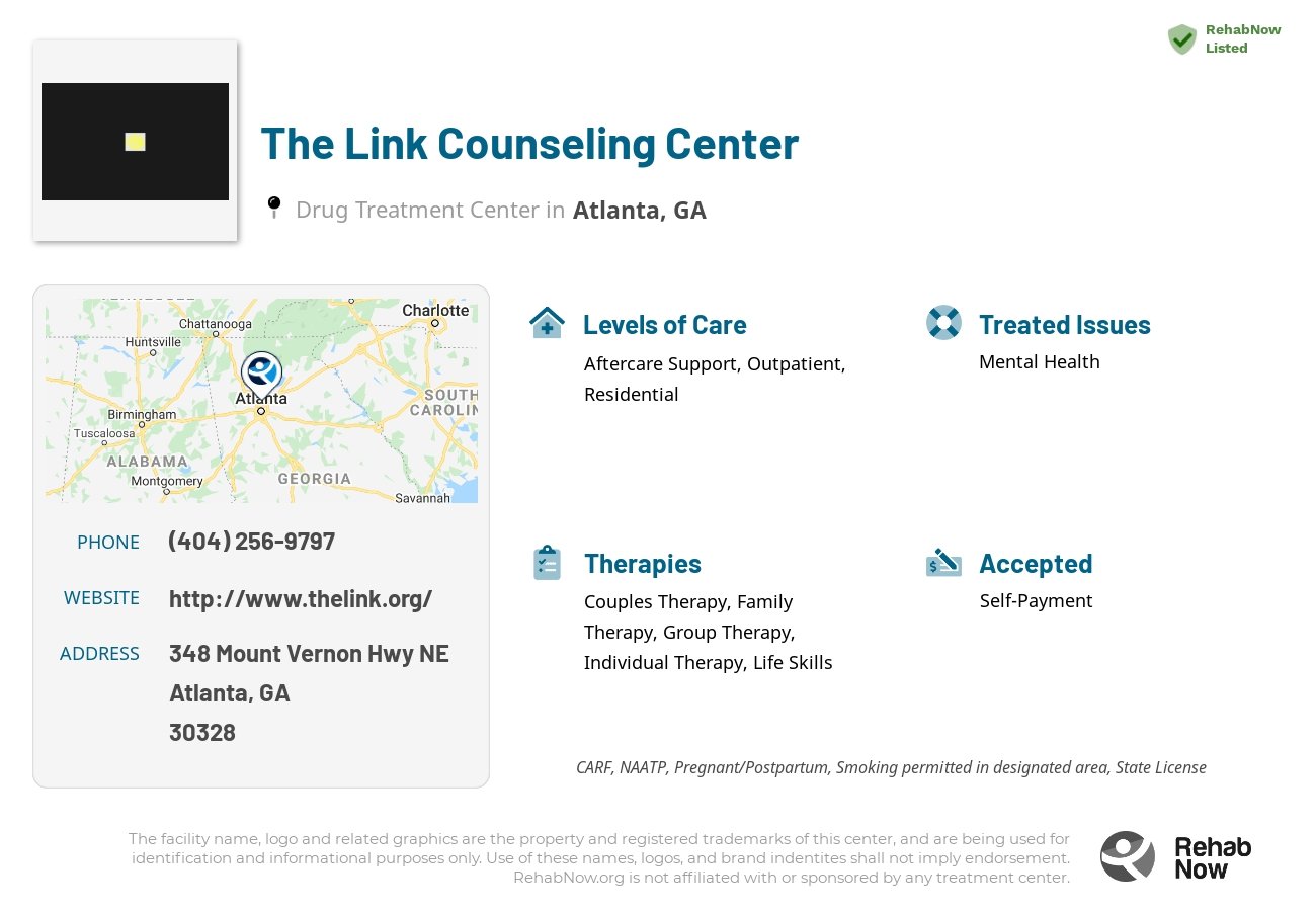Helpful reference information for The Link Counseling Center, a drug treatment center in Georgia located at: 348 Mount Vernon Hwy NE, Atlanta, GA 30328, including phone numbers, official website, and more. Listed briefly is an overview of Levels of Care, Therapies Offered, Issues Treated, and accepted forms of Payment Methods.