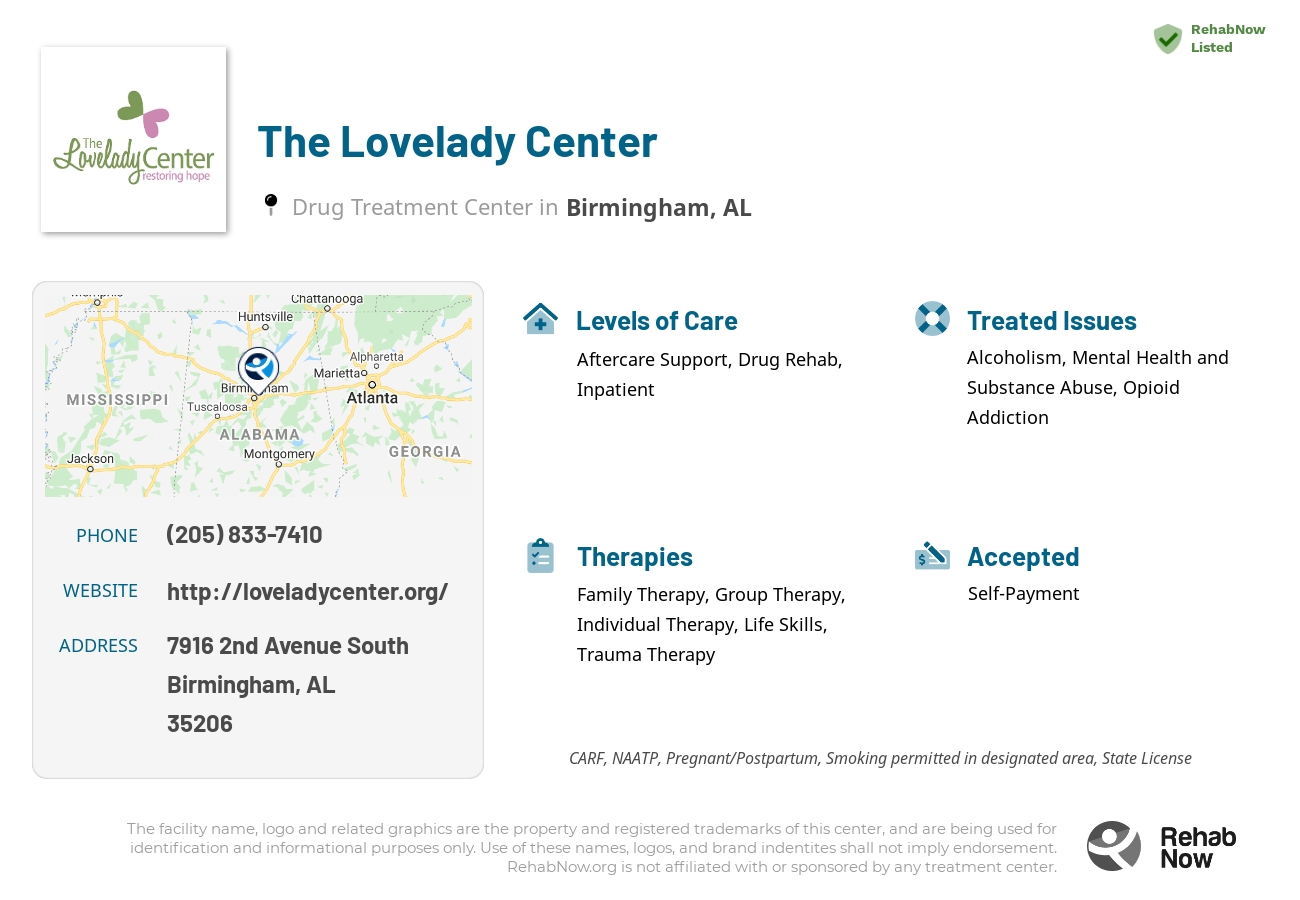 Helpful reference information for The Lovelady Center, a drug treatment center in Alabama located at: 7916 2nd Avenue South, Birmingham, AL, 35206, including phone numbers, official website, and more. Listed briefly is an overview of Levels of Care, Therapies Offered, Issues Treated, and accepted forms of Payment Methods.