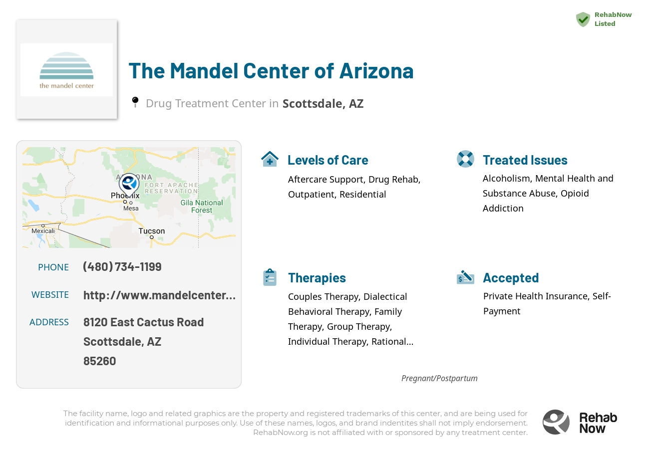 Helpful reference information for The Mandel Center of Arizona, a drug treatment center in Arizona located at: 8120 East Cactus Road, Scottsdale, AZ, 85260, including phone numbers, official website, and more. Listed briefly is an overview of Levels of Care, Therapies Offered, Issues Treated, and accepted forms of Payment Methods.
