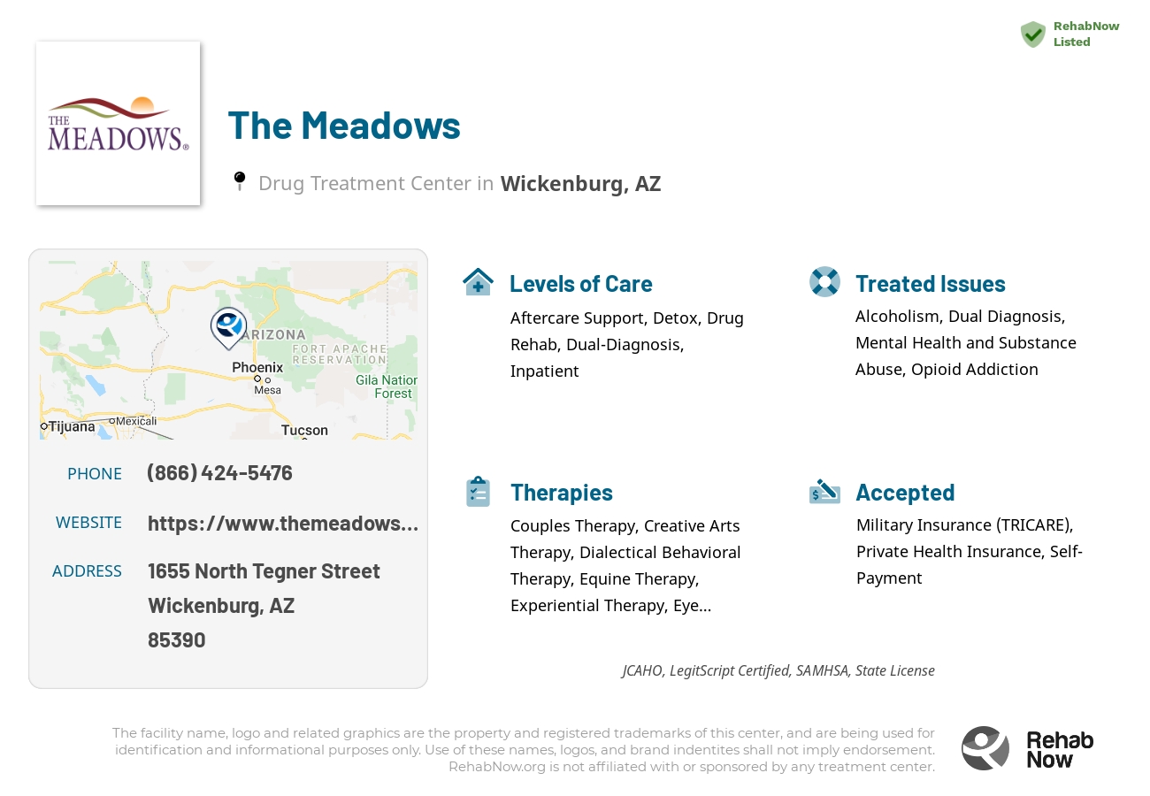 Helpful reference information for The Meadows, a drug treatment center in Arizona located at: 1655 North Tegner Street, Wickenburg, AZ, 85390, including phone numbers, official website, and more. Listed briefly is an overview of Levels of Care, Therapies Offered, Issues Treated, and accepted forms of Payment Methods.