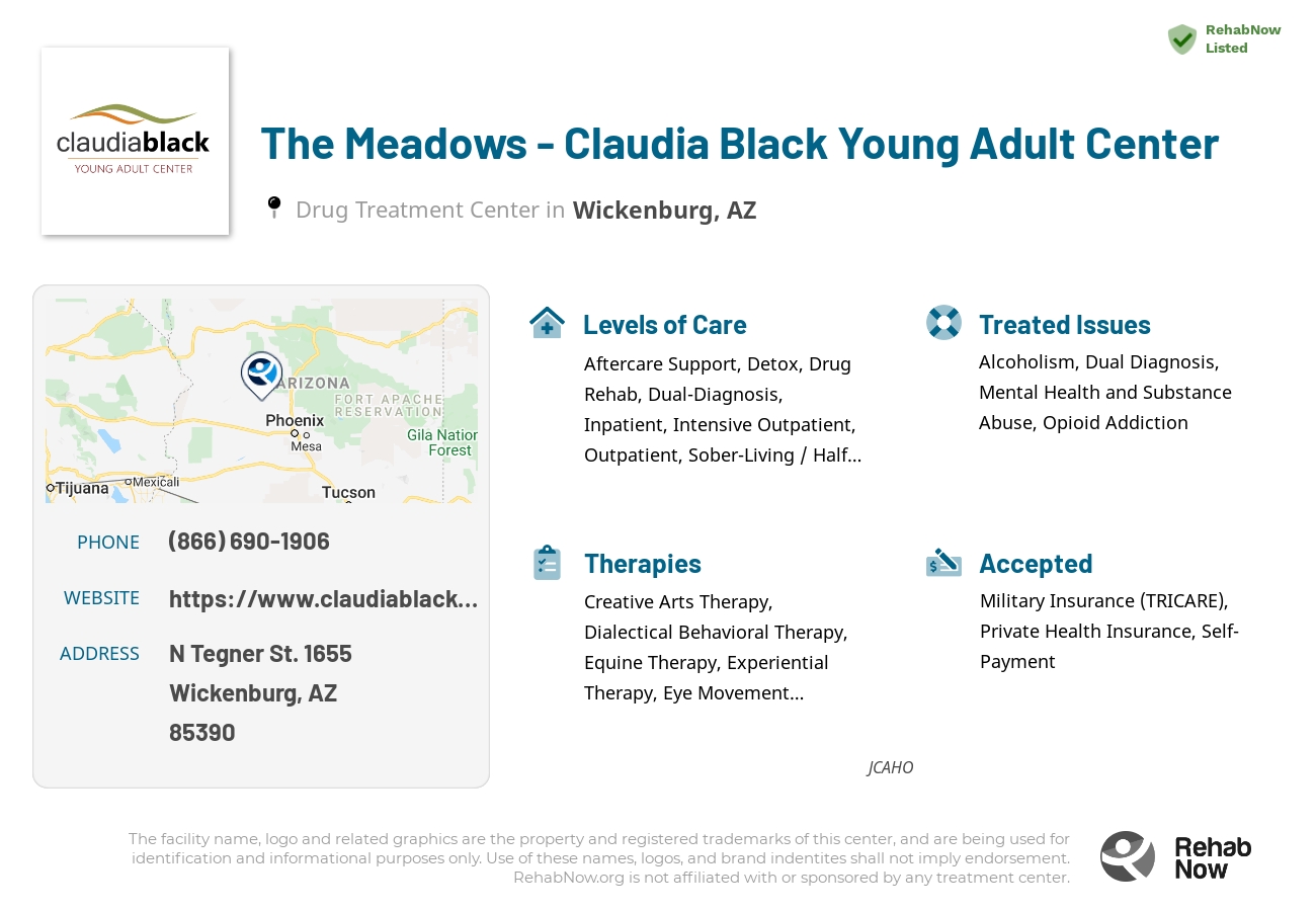 Helpful reference information for The Meadows - Claudia Black Young Adult Center, a drug treatment center in Arizona located at: N Tegner St. 1655, Wickenburg, AZ, 85390, including phone numbers, official website, and more. Listed briefly is an overview of Levels of Care, Therapies Offered, Issues Treated, and accepted forms of Payment Methods.