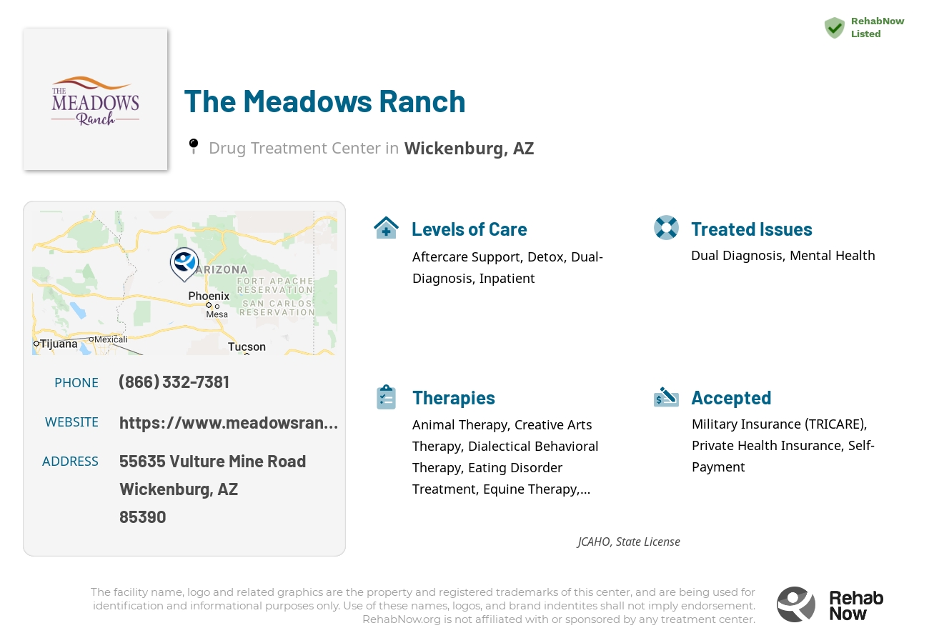 Helpful reference information for The Meadows Ranch, a drug treatment center in Arizona located at: 55635 Vulture Mine Road, Wickenburg, AZ, 85390, including phone numbers, official website, and more. Listed briefly is an overview of Levels of Care, Therapies Offered, Issues Treated, and accepted forms of Payment Methods.