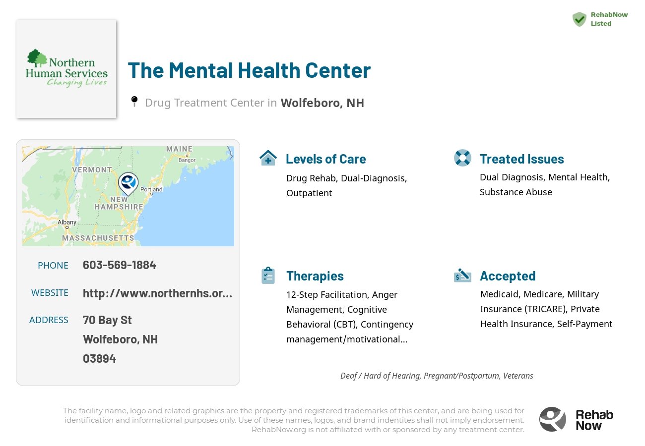 Helpful reference information for The Mental Health Center, a drug treatment center in New Hampshire located at: 70 Bay St, Wolfeboro, NH 03894, including phone numbers, official website, and more. Listed briefly is an overview of Levels of Care, Therapies Offered, Issues Treated, and accepted forms of Payment Methods.