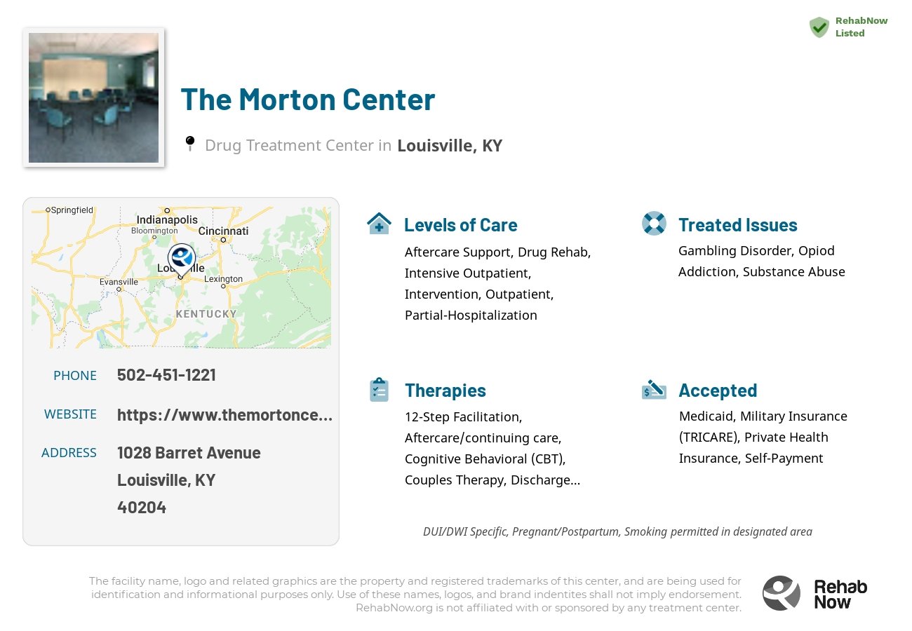 Helpful reference information for The Morton Center, a drug treatment center in Kentucky located at: 1028 Barret Avenue, Louisville, KY 40204, including phone numbers, official website, and more. Listed briefly is an overview of Levels of Care, Therapies Offered, Issues Treated, and accepted forms of Payment Methods.