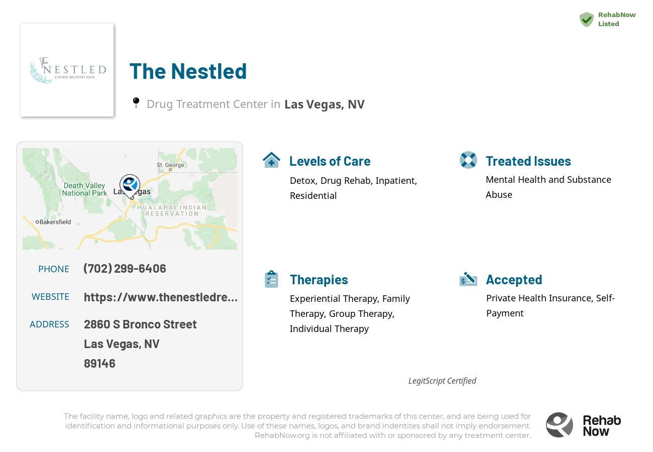 Helpful reference information for The Nestled, a drug treatment center in Nevada located at: 2860 2860 S Bronco Street, Las Vegas, NV 89146, including phone numbers, official website, and more. Listed briefly is an overview of Levels of Care, Therapies Offered, Issues Treated, and accepted forms of Payment Methods.
