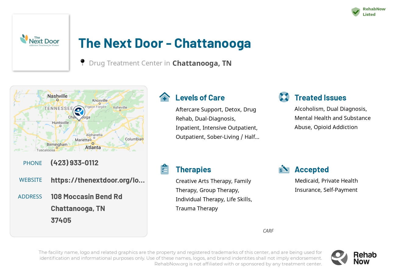Helpful reference information for The Next Door - Chattanooga, a drug treatment center in Tennessee located at: 108 Moccasin Bend Rd, Chattanooga, TN 37405, including phone numbers, official website, and more. Listed briefly is an overview of Levels of Care, Therapies Offered, Issues Treated, and accepted forms of Payment Methods.