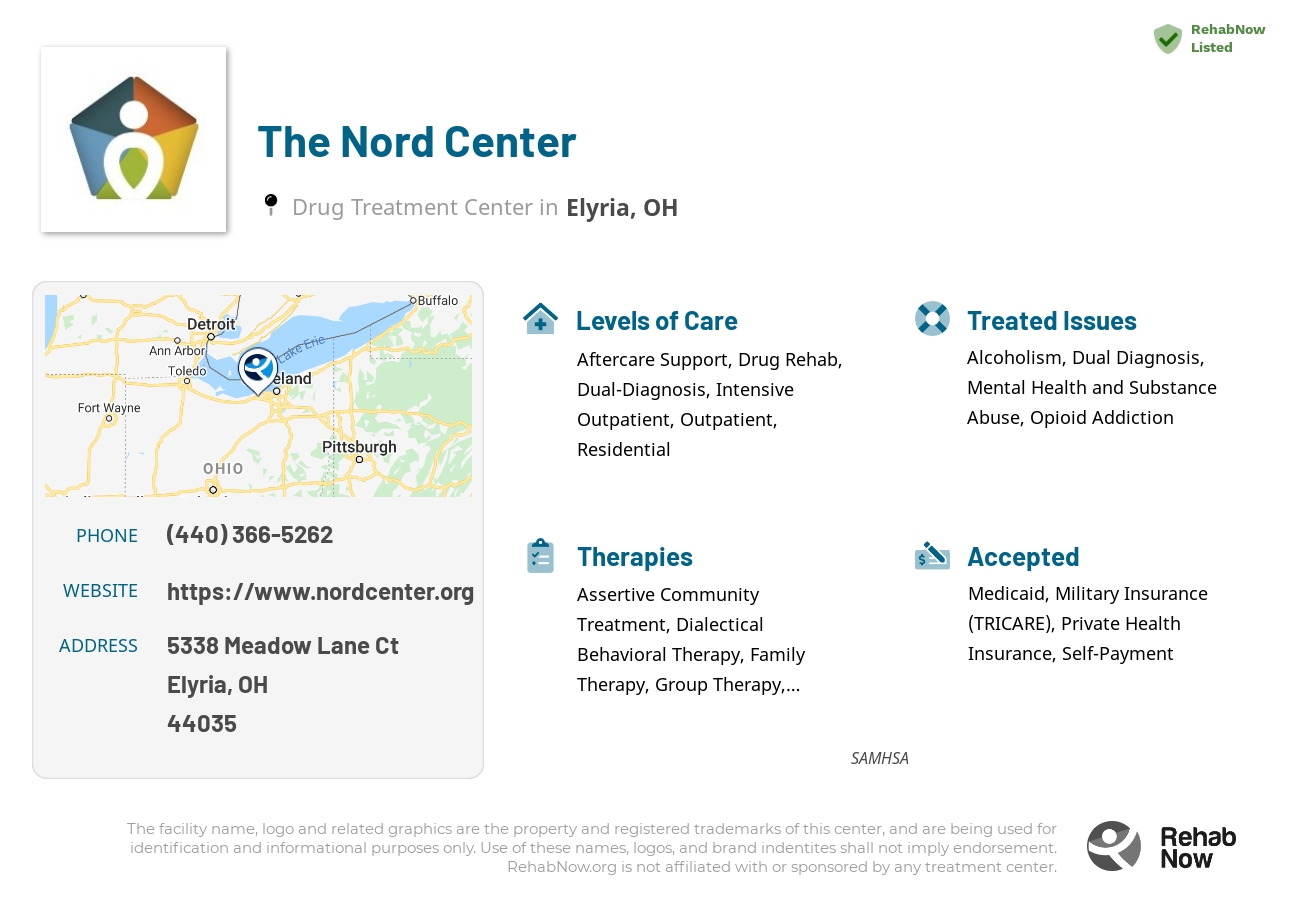 Helpful reference information for The Nord Center, a drug treatment center in Ohio located at: 5338 Meadow Lane Ct, Elyria, OH 44035, including phone numbers, official website, and more. Listed briefly is an overview of Levels of Care, Therapies Offered, Issues Treated, and accepted forms of Payment Methods.