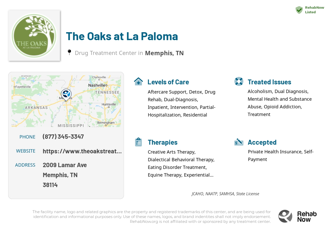 Helpful reference information for The Oaks at La Paloma, a drug treatment center in Tennessee located at: 2009 Lamar Ave, Memphis, TN 38114, including phone numbers, official website, and more. Listed briefly is an overview of Levels of Care, Therapies Offered, Issues Treated, and accepted forms of Payment Methods.
