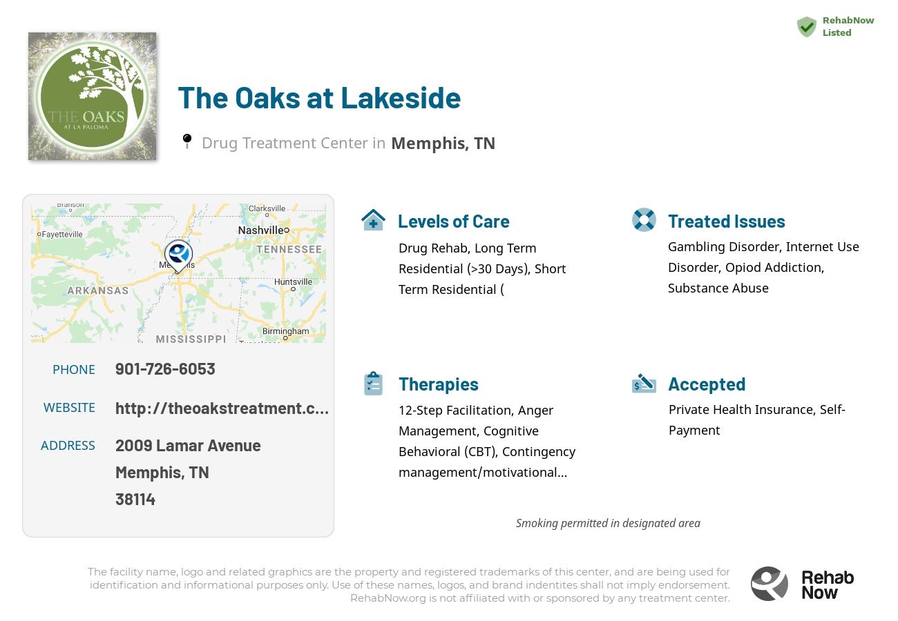 Helpful reference information for The Oaks at Lakeside, a drug treatment center in Tennessee located at: 2009 Lamar Avenue, Memphis, TN 38114, including phone numbers, official website, and more. Listed briefly is an overview of Levels of Care, Therapies Offered, Issues Treated, and accepted forms of Payment Methods.