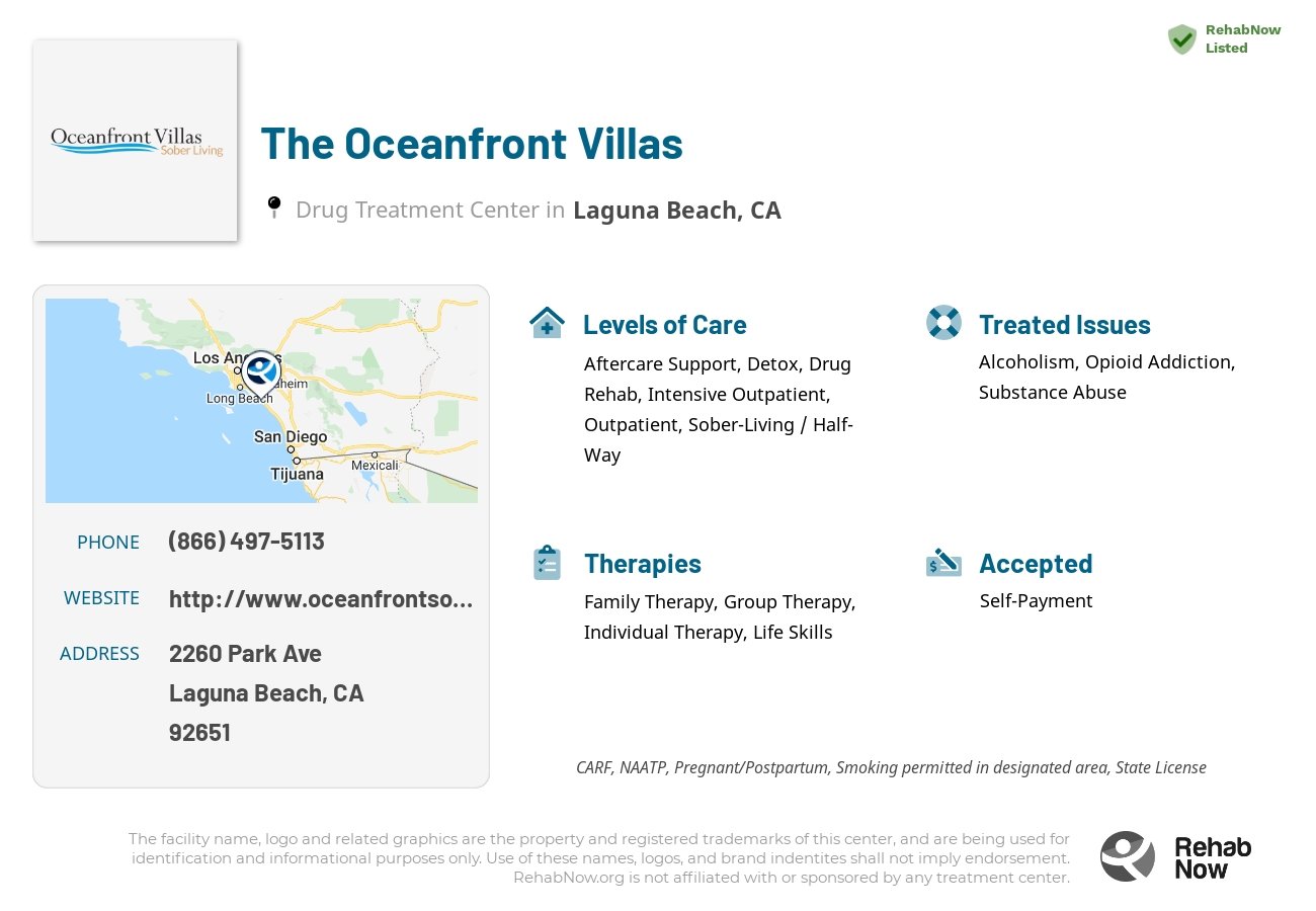 Helpful reference information for The Oceanfront Villas, a drug treatment center in California located at: 2260 Park Ave, Laguna Beach, CA 92651, including phone numbers, official website, and more. Listed briefly is an overview of Levels of Care, Therapies Offered, Issues Treated, and accepted forms of Payment Methods.