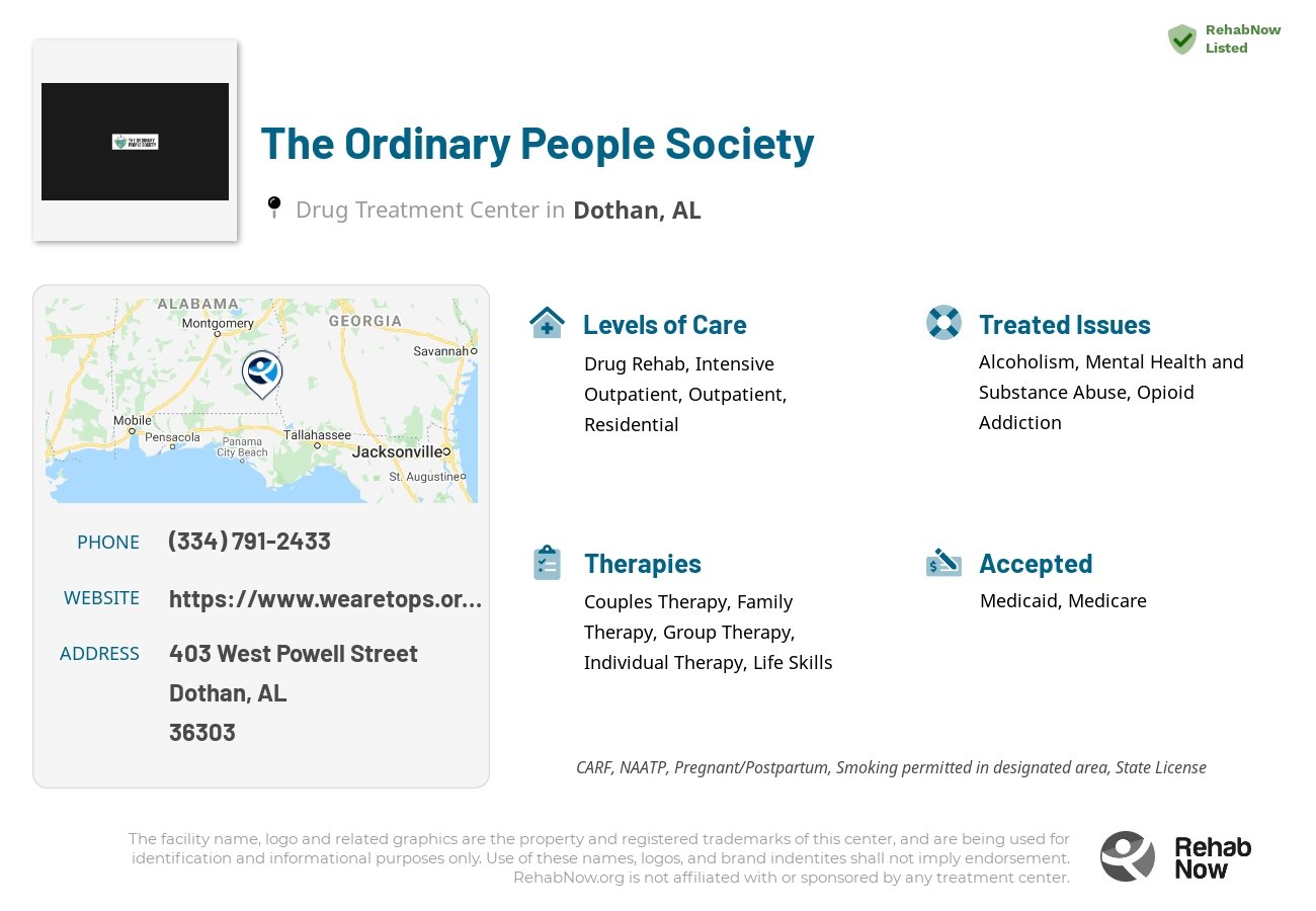 Helpful reference information for The Ordinary People Society, a drug treatment center in Alabama located at: 403 West Powell Street, Dothan, AL, 36303, including phone numbers, official website, and more. Listed briefly is an overview of Levels of Care, Therapies Offered, Issues Treated, and accepted forms of Payment Methods.
