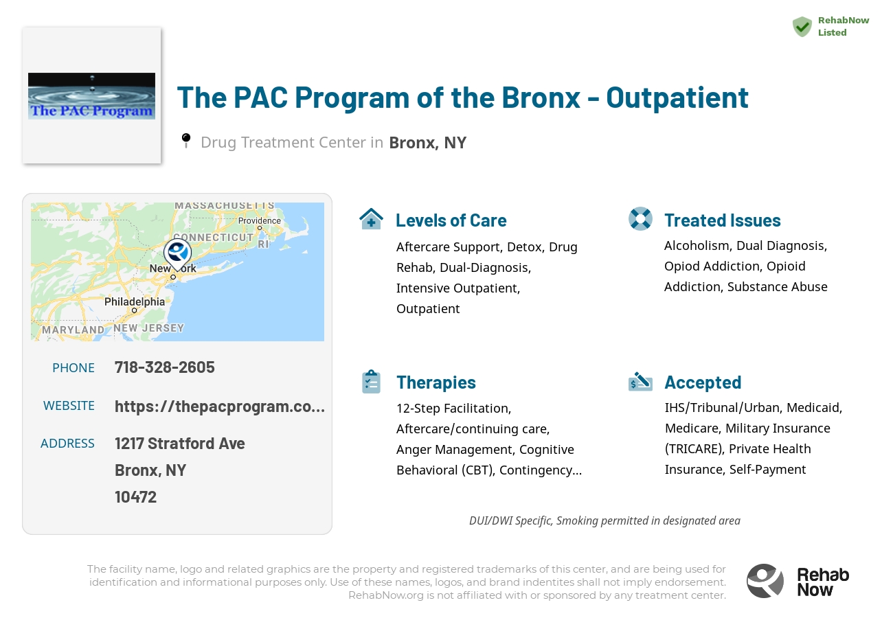 Helpful reference information for The PAC Program of the Bronx - Outpatient, a drug treatment center in New York located at: 1217 Stratford Ave, Bronx, NY 10472, including phone numbers, official website, and more. Listed briefly is an overview of Levels of Care, Therapies Offered, Issues Treated, and accepted forms of Payment Methods.