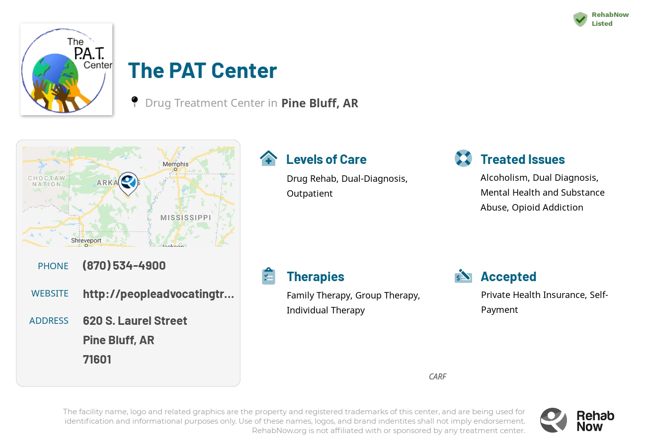 Helpful reference information for The PAT Center, a drug treatment center in Arkansas located at: 620 S. Laurel Street, Pine Bluff, AR, 71601, including phone numbers, official website, and more. Listed briefly is an overview of Levels of Care, Therapies Offered, Issues Treated, and accepted forms of Payment Methods.