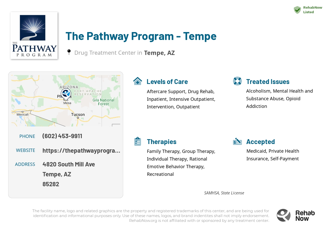 Helpful reference information for The Pathway Program - Tempe, a drug treatment center in Arizona located at: 4820 South Mill Ave, Tempe, AZ, 85282, including phone numbers, official website, and more. Listed briefly is an overview of Levels of Care, Therapies Offered, Issues Treated, and accepted forms of Payment Methods.