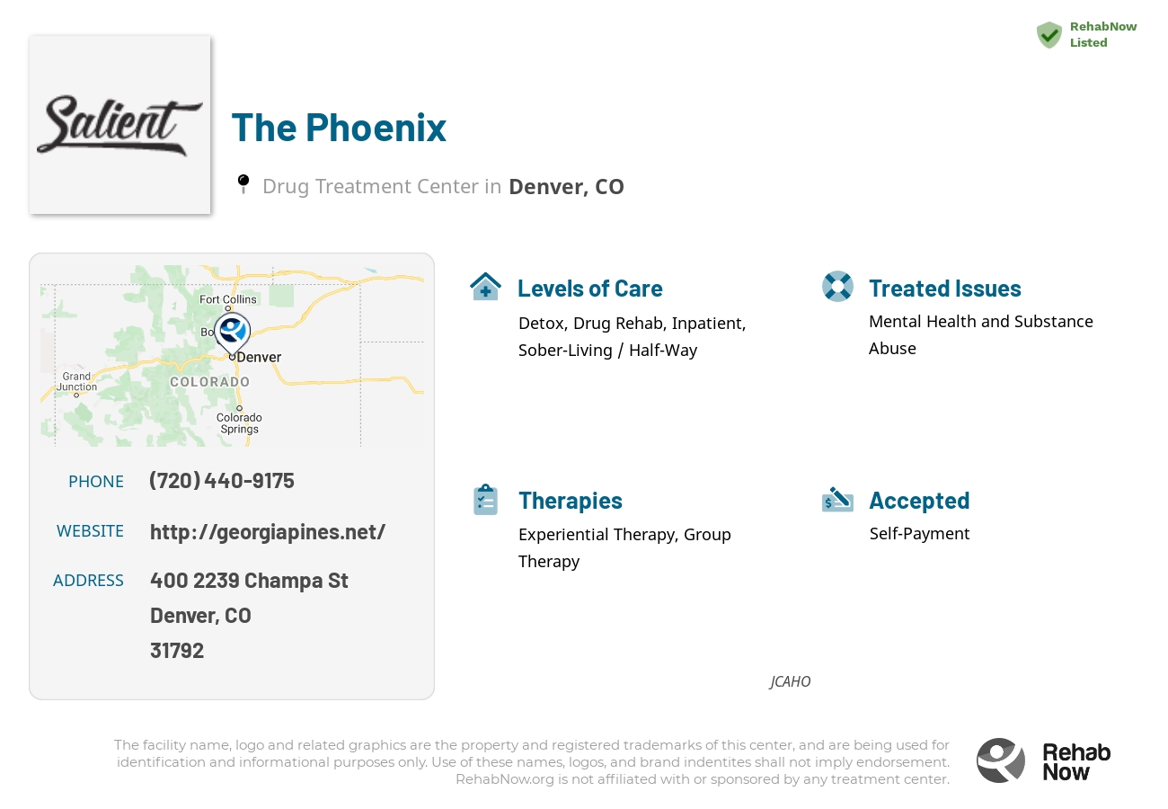Helpful reference information for The Phoenix, a drug treatment center in Georgia located at: 400 2239 Champa St, Denver, CO 31792, including phone numbers, official website, and more. Listed briefly is an overview of Levels of Care, Therapies Offered, Issues Treated, and accepted forms of Payment Methods.