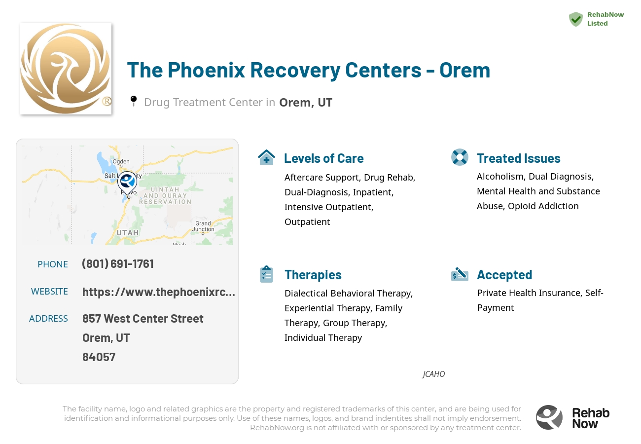 Helpful reference information for The Phoenix Recovery Centers - Orem, a drug treatment center in Utah located at: 857 857 West Center Street, Orem, UT 84057, including phone numbers, official website, and more. Listed briefly is an overview of Levels of Care, Therapies Offered, Issues Treated, and accepted forms of Payment Methods.