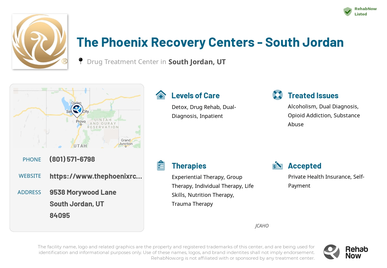 Helpful reference information for The Phoenix Recovery Centers - South Jordan, a drug treatment center in Utah located at: 9538 9538 Morywood Lane, South Jordan, UT 84095, including phone numbers, official website, and more. Listed briefly is an overview of Levels of Care, Therapies Offered, Issues Treated, and accepted forms of Payment Methods.