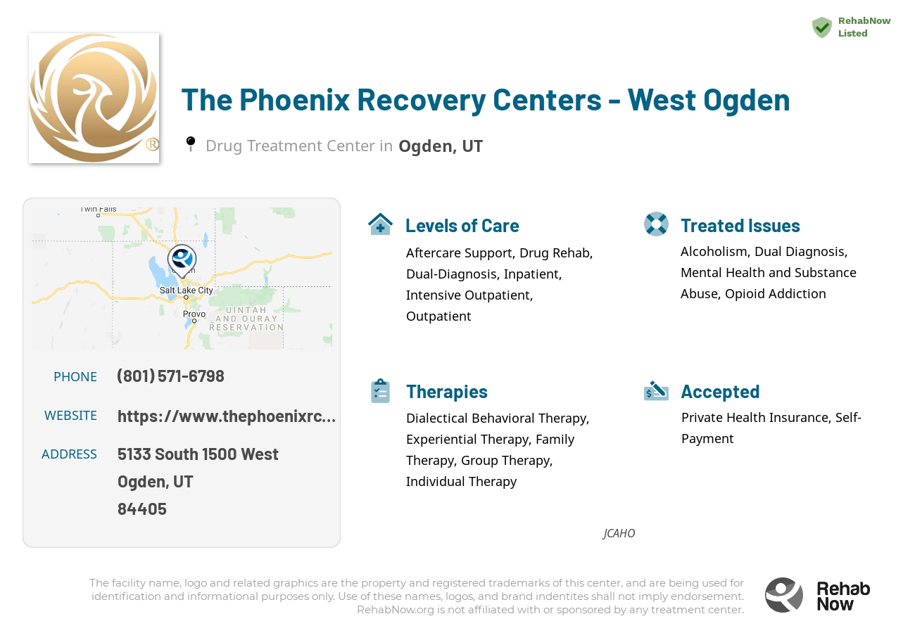 Helpful reference information for The Phoenix Recovery Centers - West Ogden, a drug treatment center in Utah located at: 5133 5133 South 1500 West, Ogden, UT 84405, including phone numbers, official website, and more. Listed briefly is an overview of Levels of Care, Therapies Offered, Issues Treated, and accepted forms of Payment Methods.