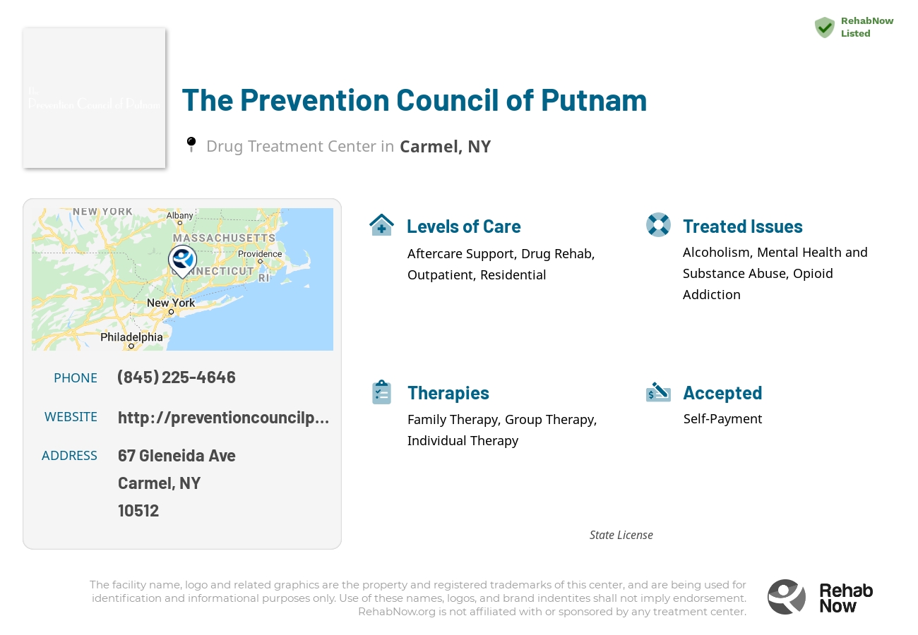 Helpful reference information for The Prevention Council of Putnam, a drug treatment center in New York located at: 67 Gleneida Ave, Carmel, NY 10512, including phone numbers, official website, and more. Listed briefly is an overview of Levels of Care, Therapies Offered, Issues Treated, and accepted forms of Payment Methods.