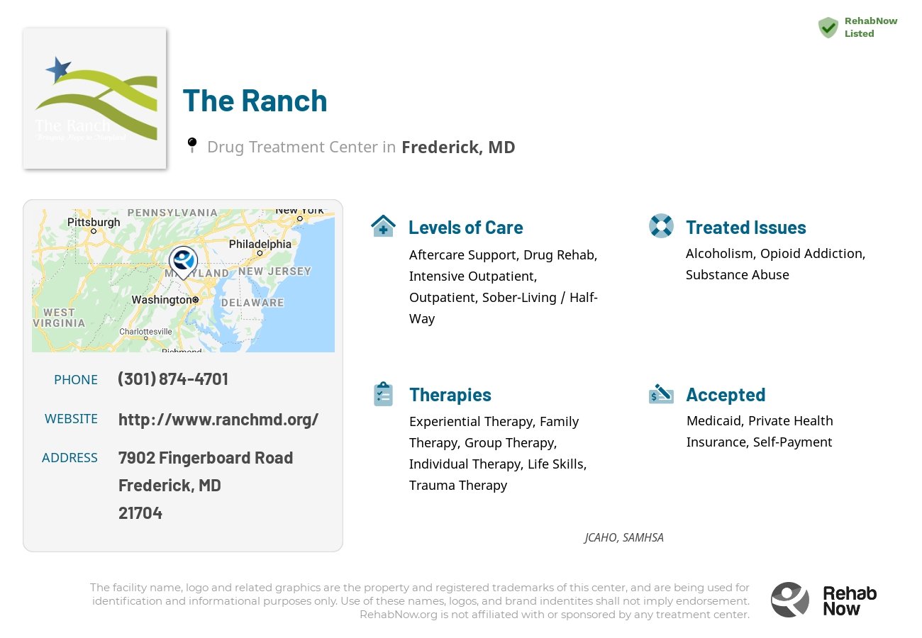 Helpful reference information for The Ranch, a drug treatment center in Maryland located at: 7902 Fingerboard Road, Frederick, MD, 21704, including phone numbers, official website, and more. Listed briefly is an overview of Levels of Care, Therapies Offered, Issues Treated, and accepted forms of Payment Methods.