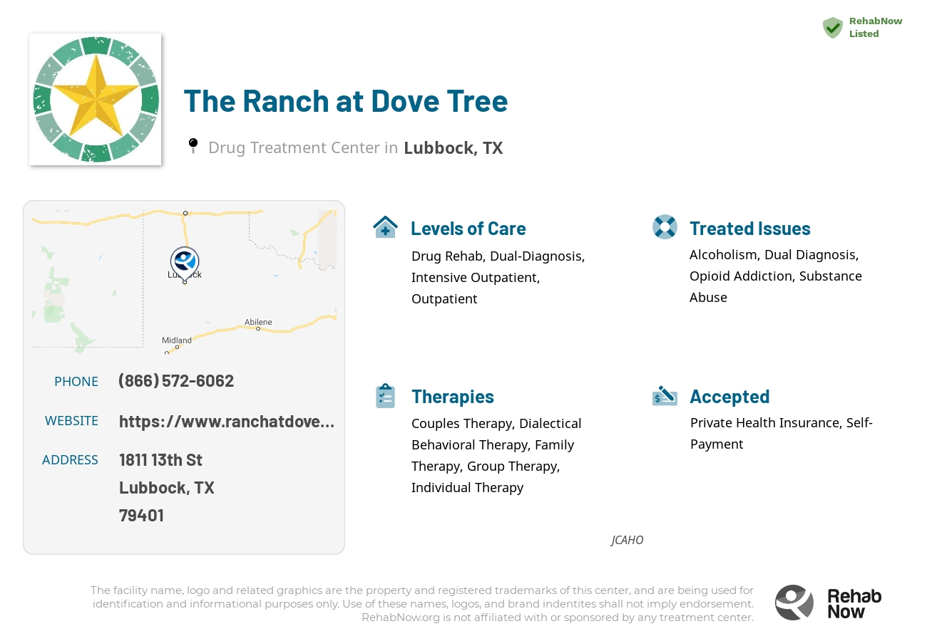 Helpful reference information for The Ranch at Dove Tree, a drug treatment center in Texas located at: 1811 13th St, Lubbock, TX 79401, including phone numbers, official website, and more. Listed briefly is an overview of Levels of Care, Therapies Offered, Issues Treated, and accepted forms of Payment Methods.
