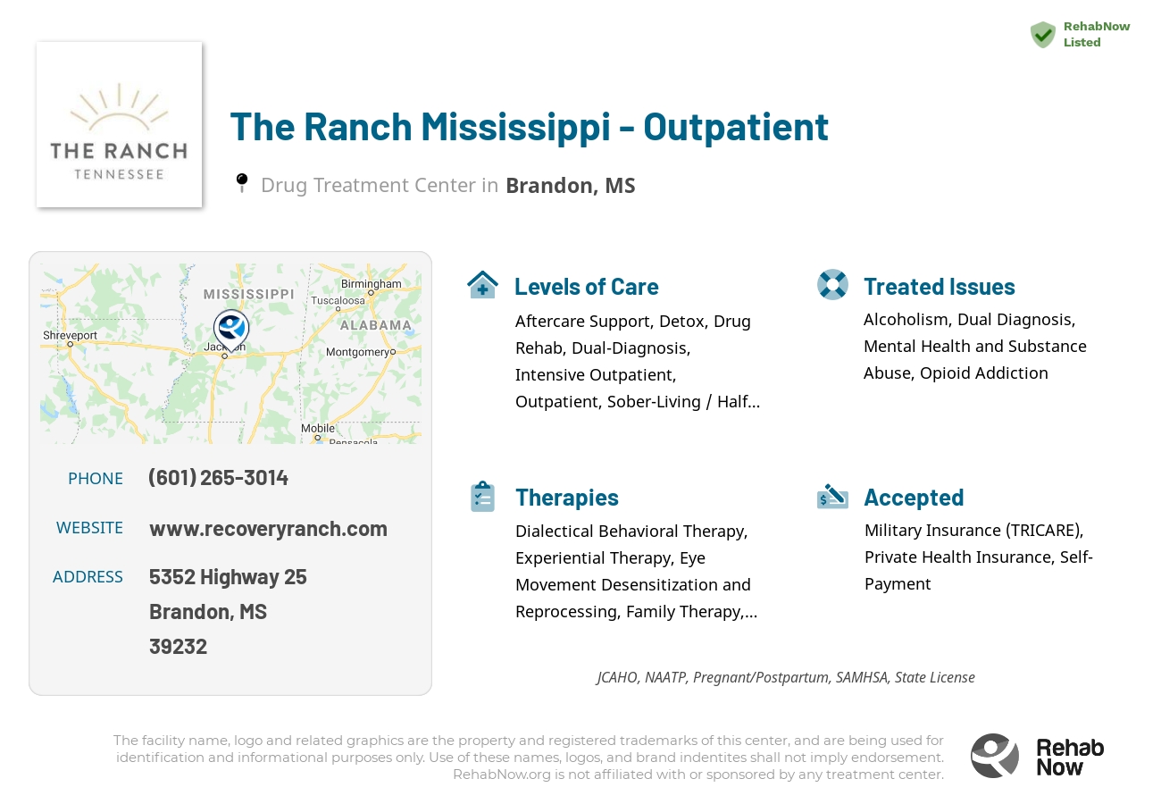 Helpful reference information for The Ranch Mississippi - Outpatient, a drug treatment center in Mississippi located at: 5352 Highway 25, Brandon, MS, 39232, including phone numbers, official website, and more. Listed briefly is an overview of Levels of Care, Therapies Offered, Issues Treated, and accepted forms of Payment Methods.