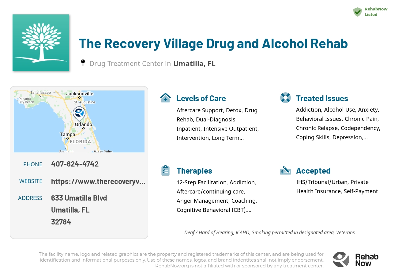 Helpful reference information for The Recovery Village Drug and Alcohol Rehab, a drug treatment center in Florida located at: 633 Umatilla Blvd, Umatilla, FL 32784, including phone numbers, official website, and more. Listed briefly is an overview of Levels of Care, Therapies Offered, Issues Treated, and accepted forms of Payment Methods.