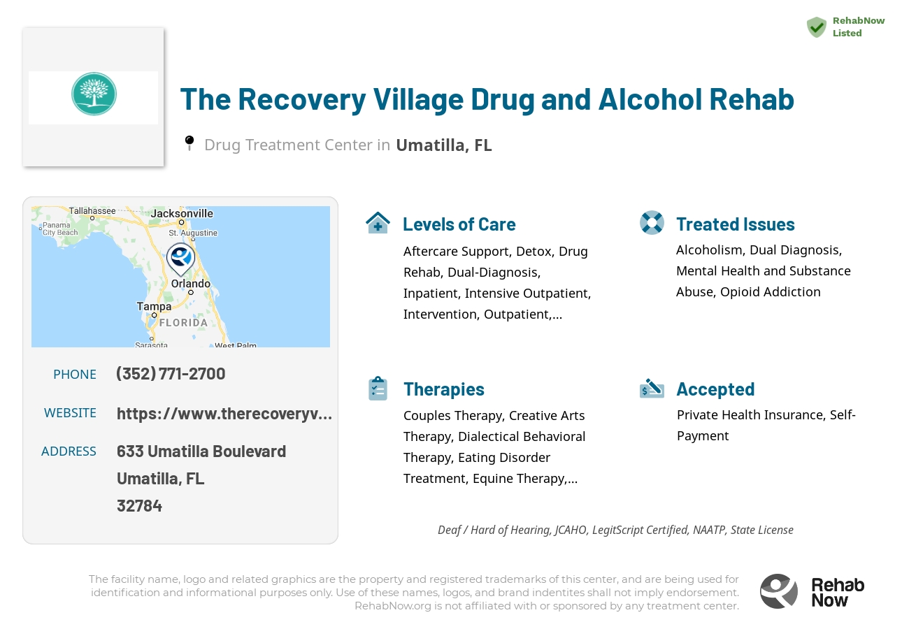 Helpful reference information for The Recovery Village Drug and Alcohol Rehab, a drug treatment center in Florida located at: 633 Umatilla Boulevard, Umatilla, FL, 32784, including phone numbers, official website, and more. Listed briefly is an overview of Levels of Care, Therapies Offered, Issues Treated, and accepted forms of Payment Methods.