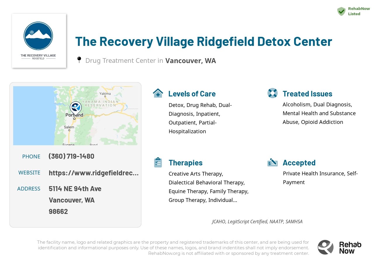 Helpful reference information for The Recovery Village Ridgefield Detox Center, a drug treatment center in Washington located at: 5114 NE 94th Ave, Vancouver, WA, 98662, including phone numbers, official website, and more. Listed briefly is an overview of Levels of Care, Therapies Offered, Issues Treated, and accepted forms of Payment Methods.