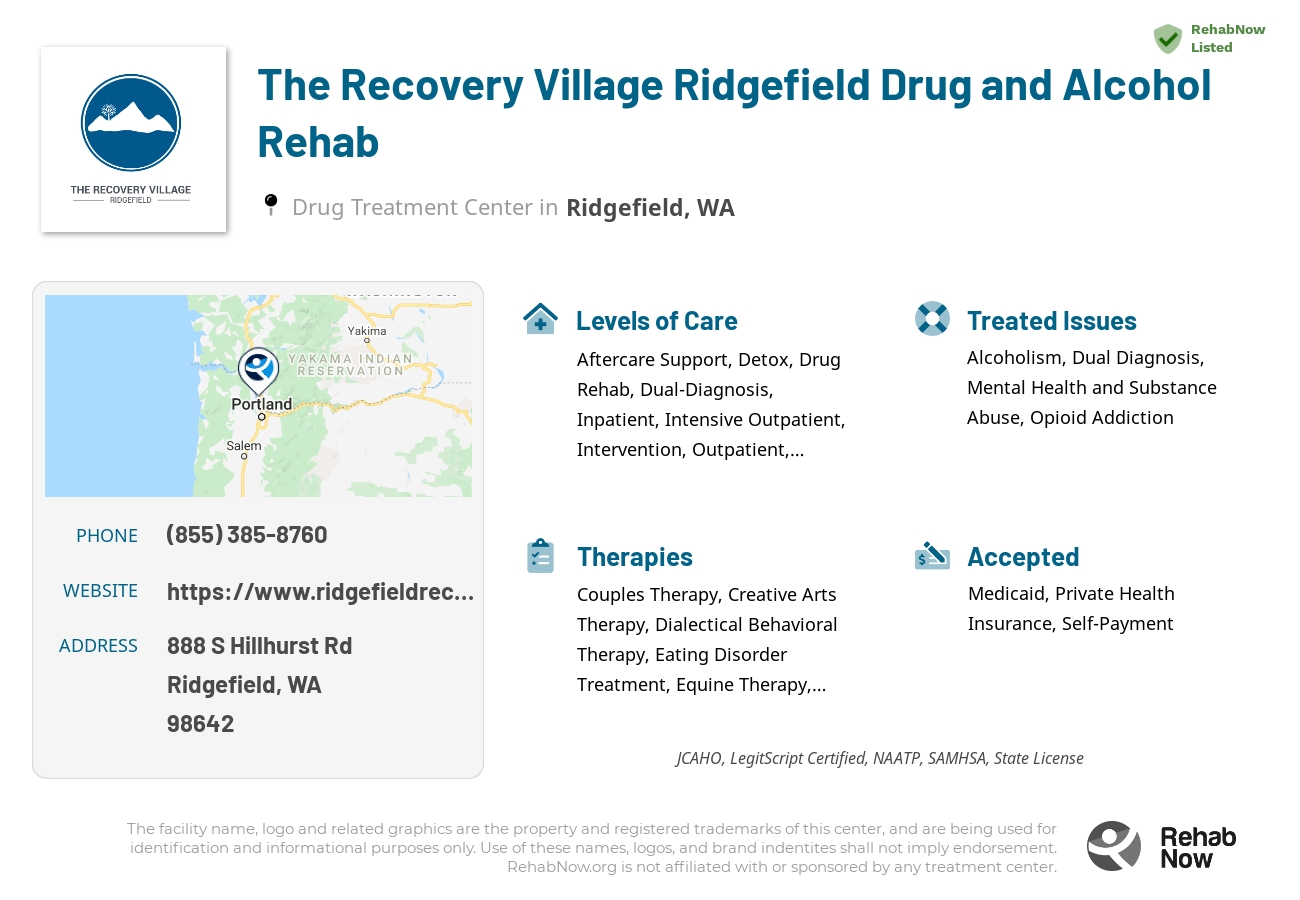 Helpful reference information for The Recovery Village Ridgefield Drug and Alcohol Rehab, a drug treatment center in Washington located at: 888 S Hillhurst Rd, Ridgefield, WA 98642, including phone numbers, official website, and more. Listed briefly is an overview of Levels of Care, Therapies Offered, Issues Treated, and accepted forms of Payment Methods.