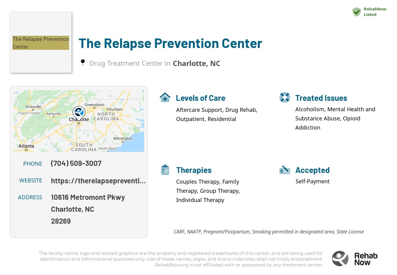 Helpful reference information for The Relapse Prevention Center, a drug treatment center in North Carolina located at: 10616 Metromont Pkwy, Charlotte, NC 28269, including phone numbers, official website, and more. Listed briefly is an overview of Levels of Care, Therapies Offered, Issues Treated, and accepted forms of Payment Methods.