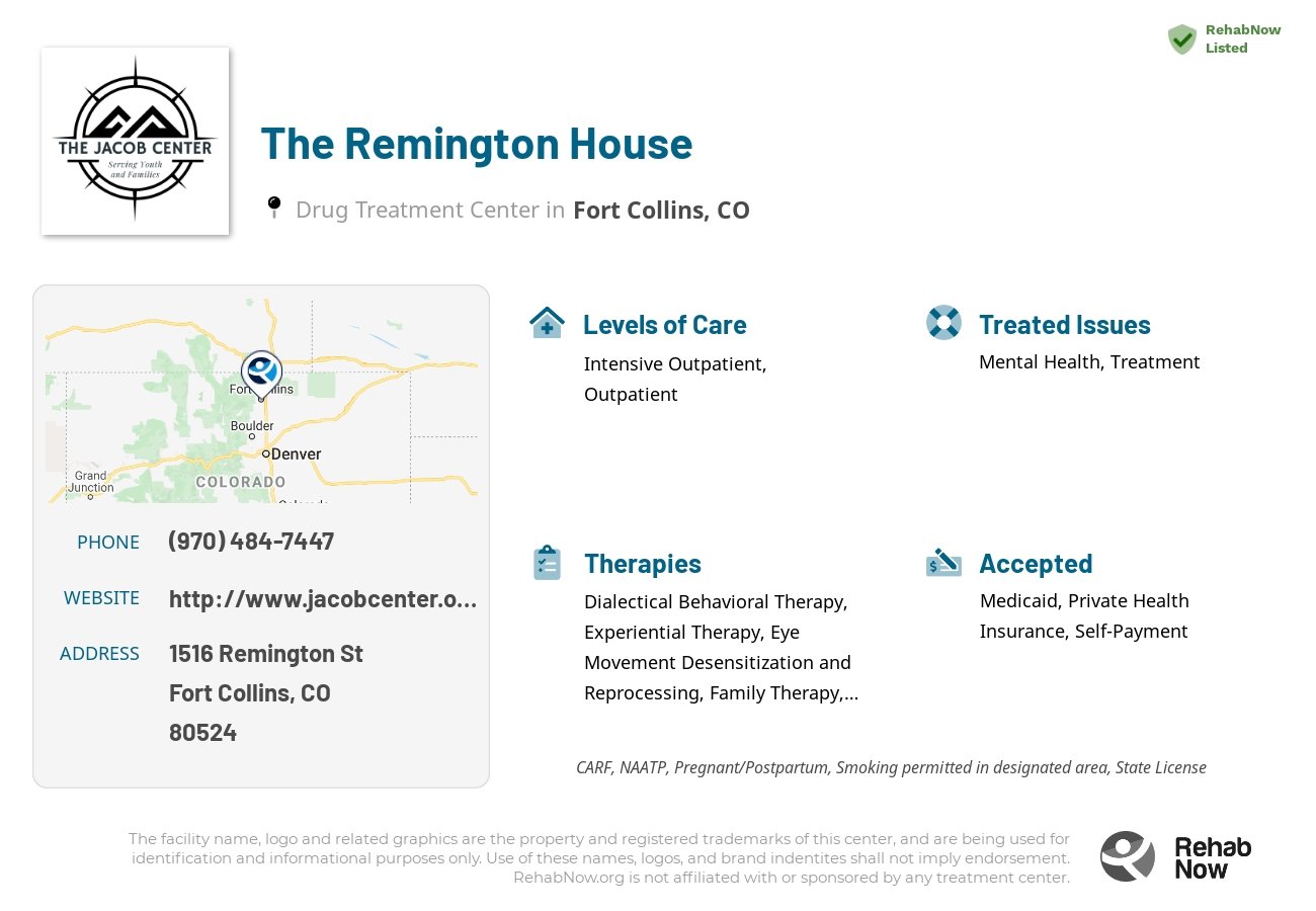 Helpful reference information for The Remington House, a drug treatment center in Colorado located at: 1516 Remington St, Fort Collins, CO 80524, including phone numbers, official website, and more. Listed briefly is an overview of Levels of Care, Therapies Offered, Issues Treated, and accepted forms of Payment Methods.