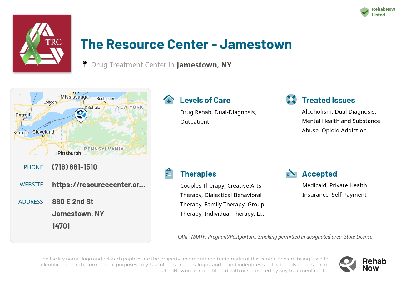 Helpful reference information for The Resource Center - Jamestown, a drug treatment center in New York located at: 880 E 2nd St, Jamestown, NY 14701, including phone numbers, official website, and more. Listed briefly is an overview of Levels of Care, Therapies Offered, Issues Treated, and accepted forms of Payment Methods.