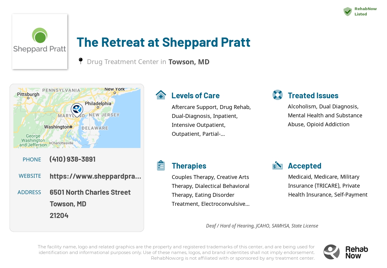 Helpful reference information for The Retreat at Sheppard Pratt, a drug treatment center in Maryland located at: 6501 North Charles Street, Towson, MD, 21204, including phone numbers, official website, and more. Listed briefly is an overview of Levels of Care, Therapies Offered, Issues Treated, and accepted forms of Payment Methods.