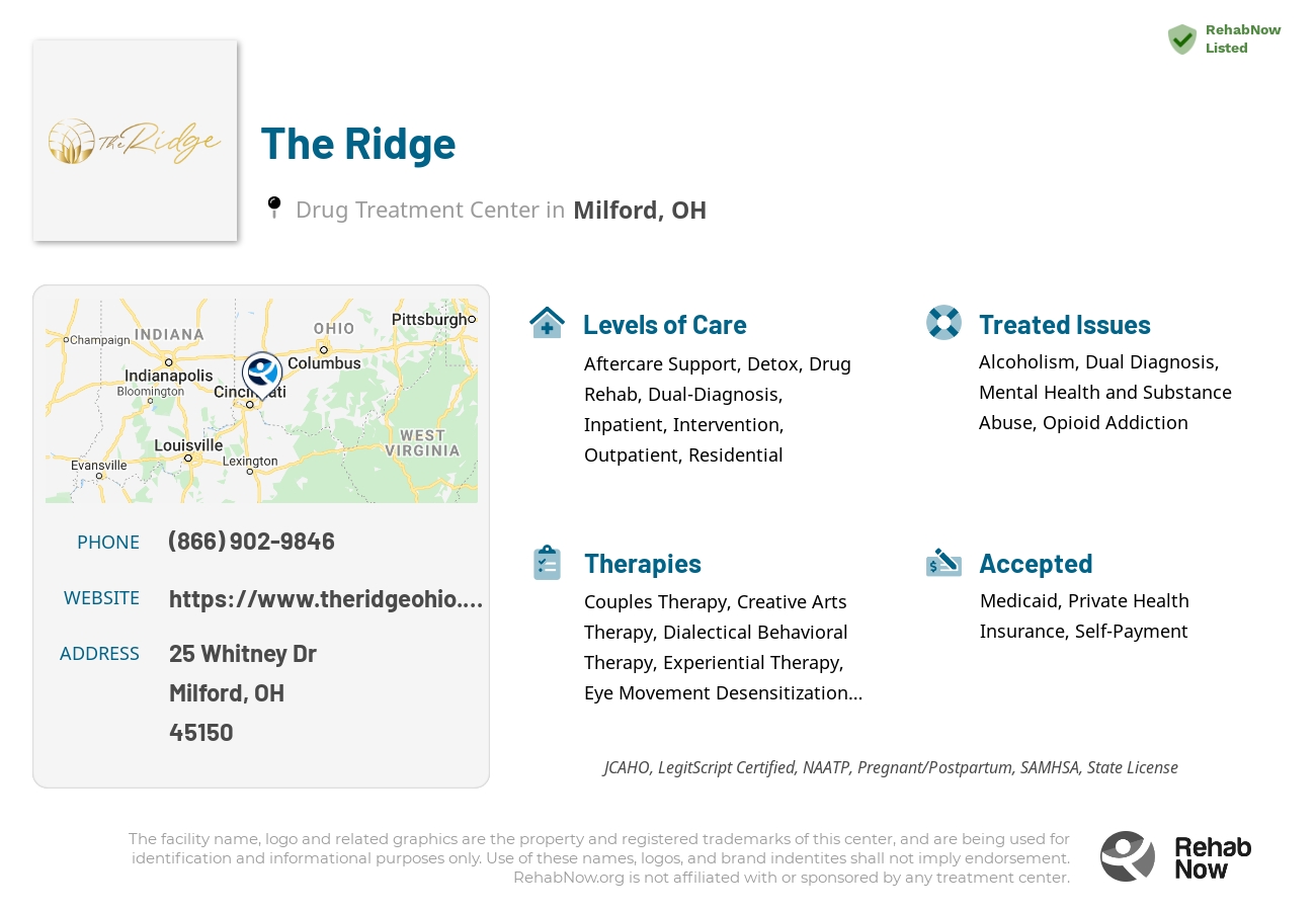 Helpful reference information for The Ridge, a drug treatment center in Ohio located at: 25 Whitney Dr, Milford, OH 45150, including phone numbers, official website, and more. Listed briefly is an overview of Levels of Care, Therapies Offered, Issues Treated, and accepted forms of Payment Methods.