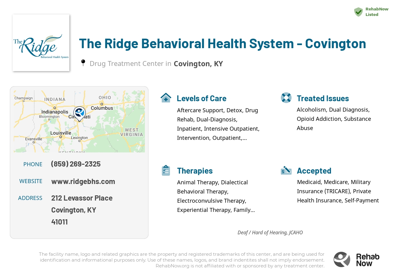 Helpful reference information for The Ridge Behavioral Health System - Covington, a drug treatment center in Kentucky located at: 212 Levassor Place, Covington, KY, 41011, including phone numbers, official website, and more. Listed briefly is an overview of Levels of Care, Therapies Offered, Issues Treated, and accepted forms of Payment Methods.