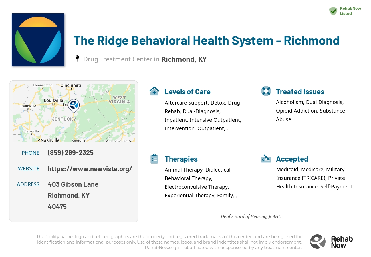 Helpful reference information for The Ridge Behavioral Health System - Richmond, a drug treatment center in Kentucky located at: 403 Gibson Lane, Richmond, KY, 40475, including phone numbers, official website, and more. Listed briefly is an overview of Levels of Care, Therapies Offered, Issues Treated, and accepted forms of Payment Methods.
