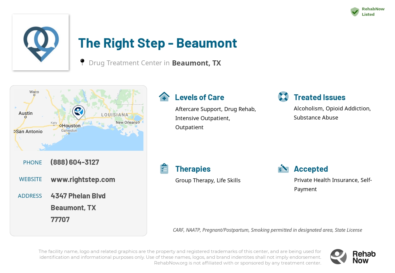 Helpful reference information for The Right Step - Beaumont, a drug treatment center in Texas located at: 4347 Phelan Blvd. Suite 101, Beaumont, TX, 77707, including phone numbers, official website, and more. Listed briefly is an overview of Levels of Care, Therapies Offered, Issues Treated, and accepted forms of Payment Methods.