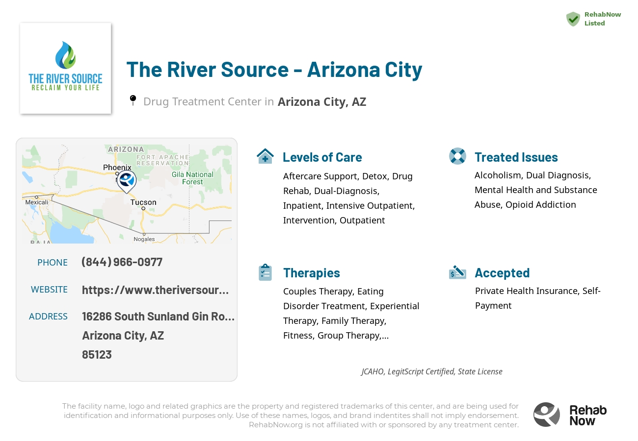Helpful reference information for The River Source - Arizona City, a drug treatment center in Arizona located at: 16286 South Sunland Gin Road, Arizona City, AZ, 85123, including phone numbers, official website, and more. Listed briefly is an overview of Levels of Care, Therapies Offered, Issues Treated, and accepted forms of Payment Methods.