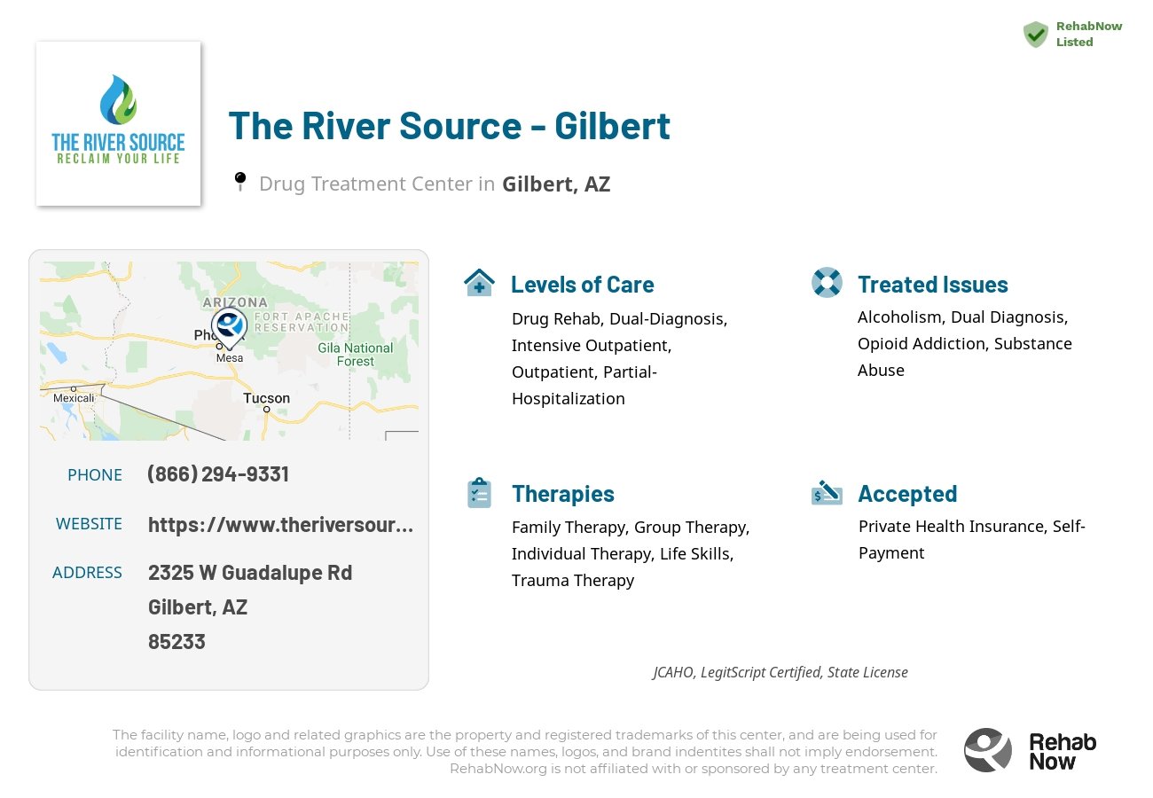 Helpful reference information for The River Source - Gilbert, a drug treatment center in Arizona located at: 2325 W Guadalupe Rd STE 107, Gilbert, AZ, 85233, including phone numbers, official website, and more. Listed briefly is an overview of Levels of Care, Therapies Offered, Issues Treated, and accepted forms of Payment Methods.